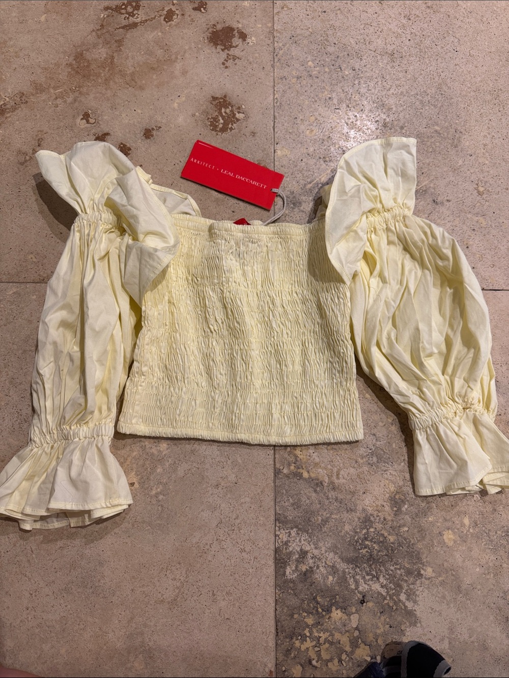 Smocked Puff-Sleeve Crop Top in Pale Yellow